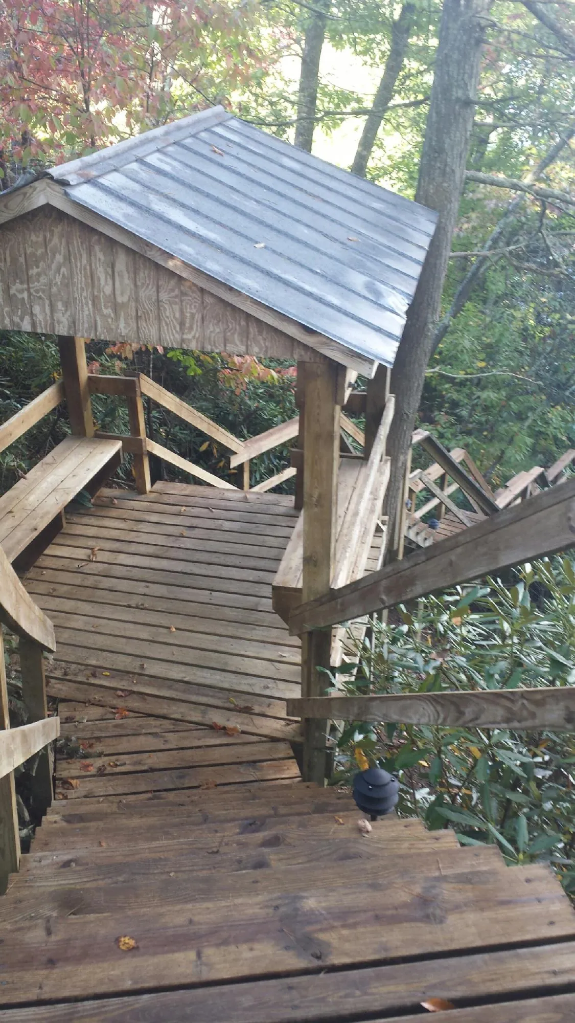 Metal roofed shelter over wooden steps on a wooded walkway — Skylight Repair & Installation work by our crew in Moravian Falls
